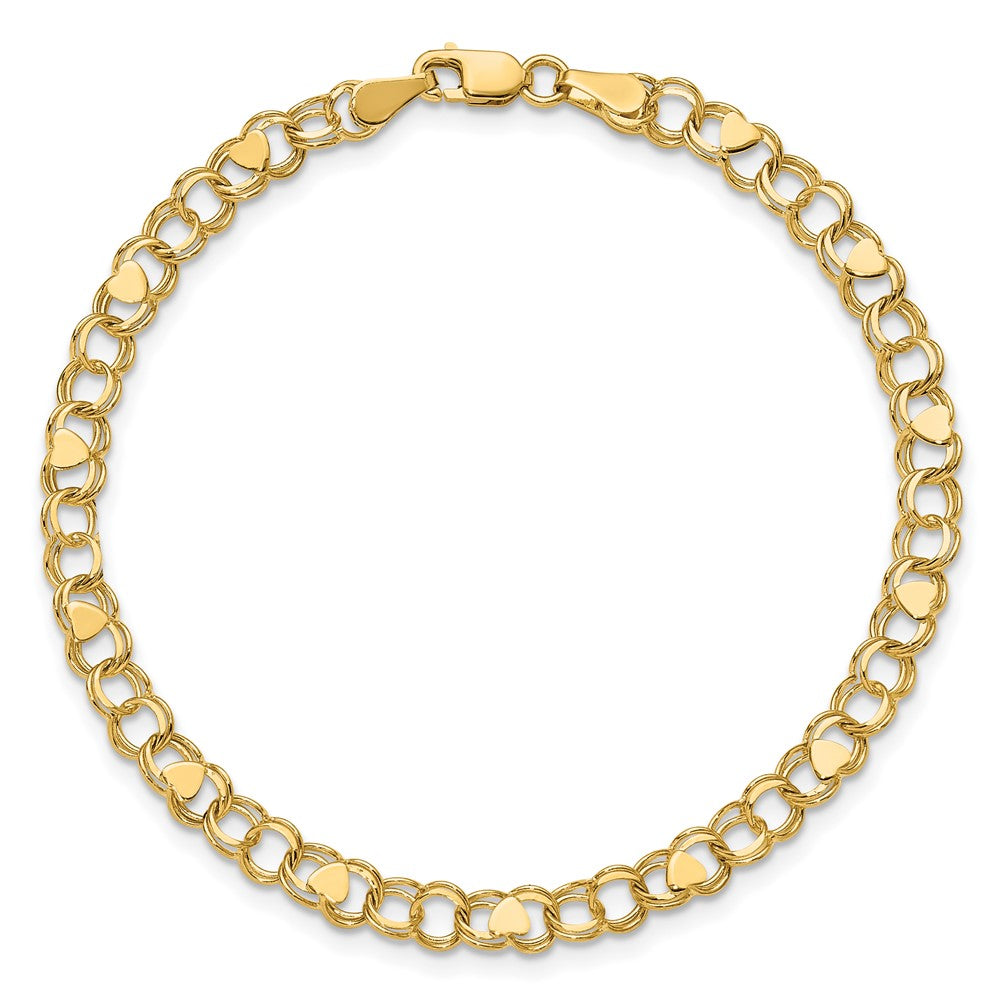 10k Yellow Gold 4 mm Double Link Heart Charm Bracelet (3.17 grams)