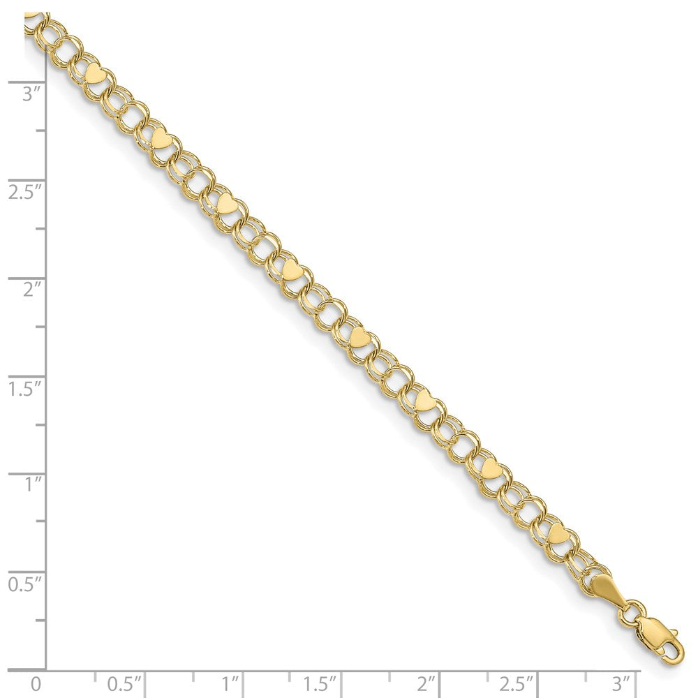 10k Yellow Gold 4 mm Double Link Heart Charm Bracelet (3.17 grams)