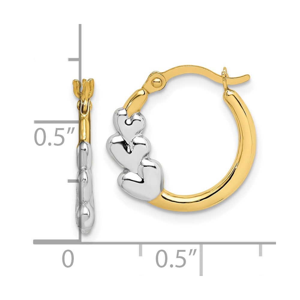 10k Yellow w/Rhodium 16 mm and Hearts Hollow Hoop Earrings (0.48 grams)
