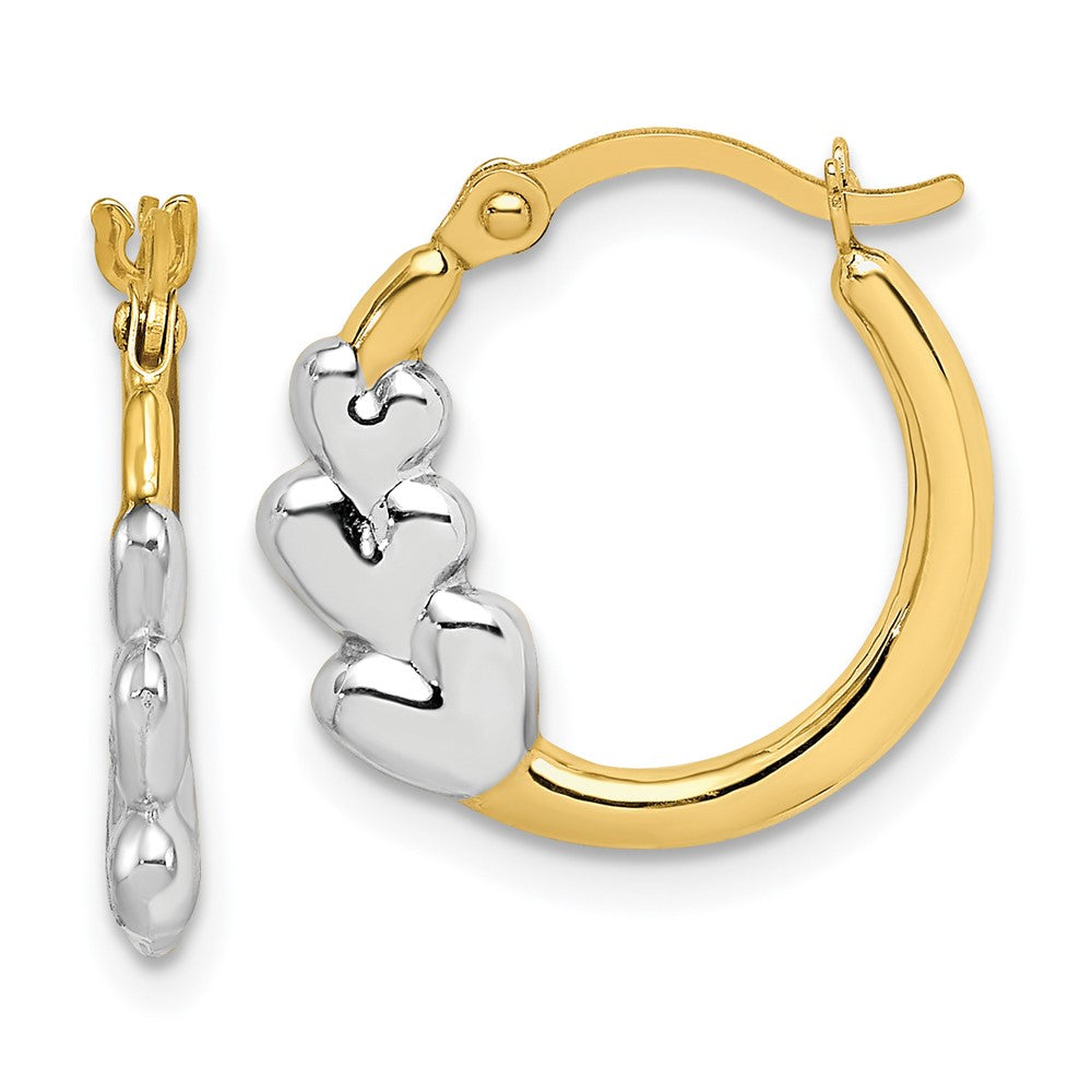 10k Yellow w/Rhodium 16 mm and Hearts Hollow Hoop Earrings (0.48 grams)