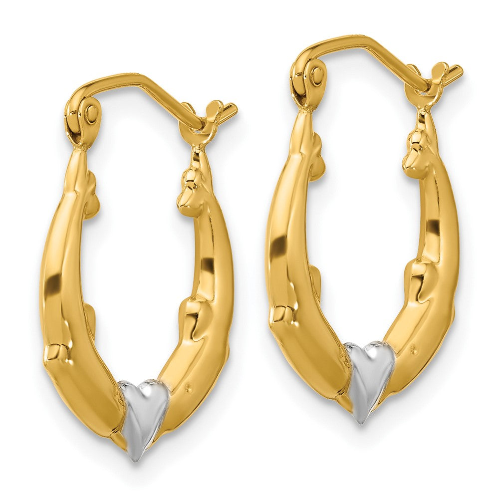 10k Yellow w/Rhodium 17 mm Dolphin Heart Hollow Hoop Earrings (0.63 grams)