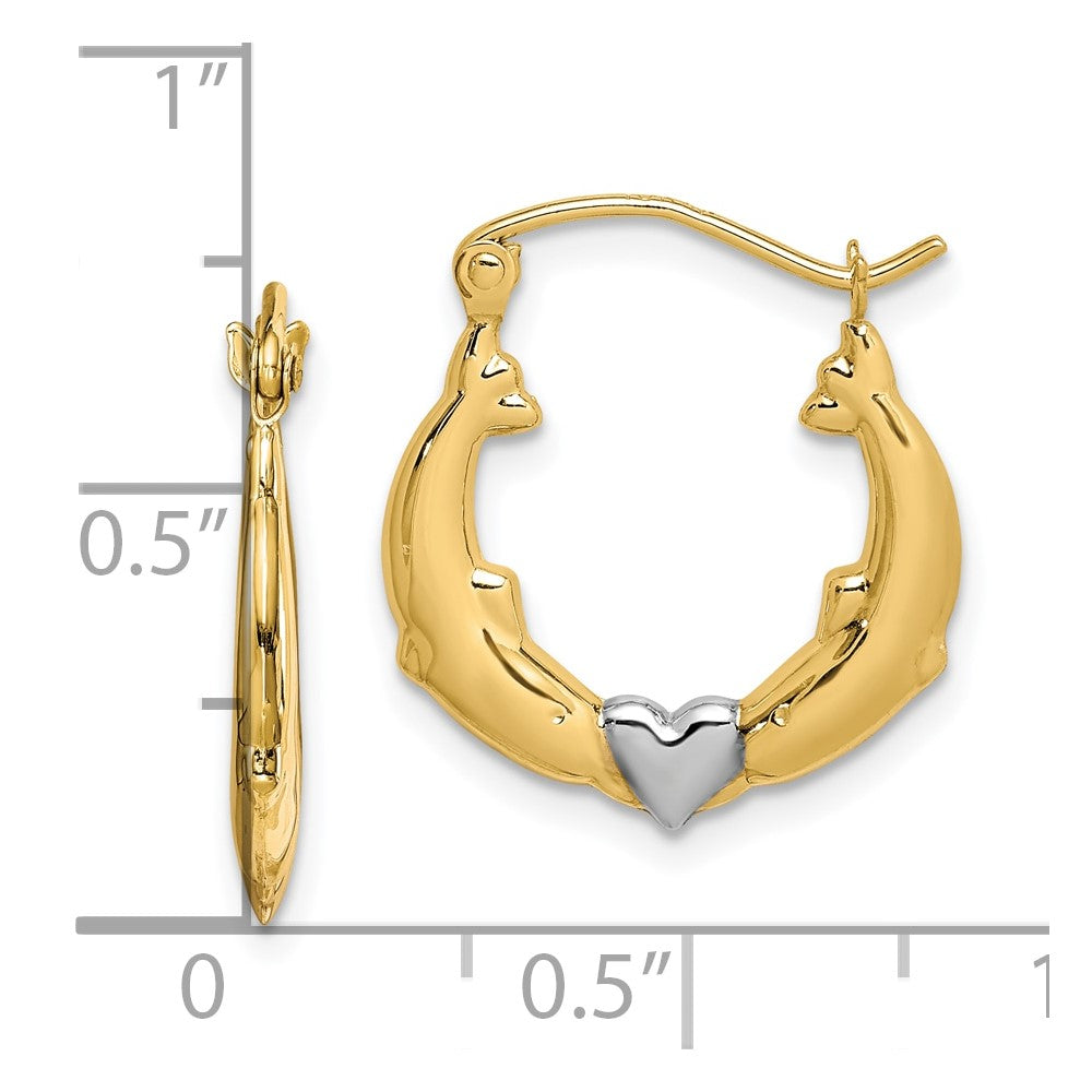 10k Yellow w/Rhodium 17 mm Dolphin Heart Hollow Hoop Earrings (0.63 grams)