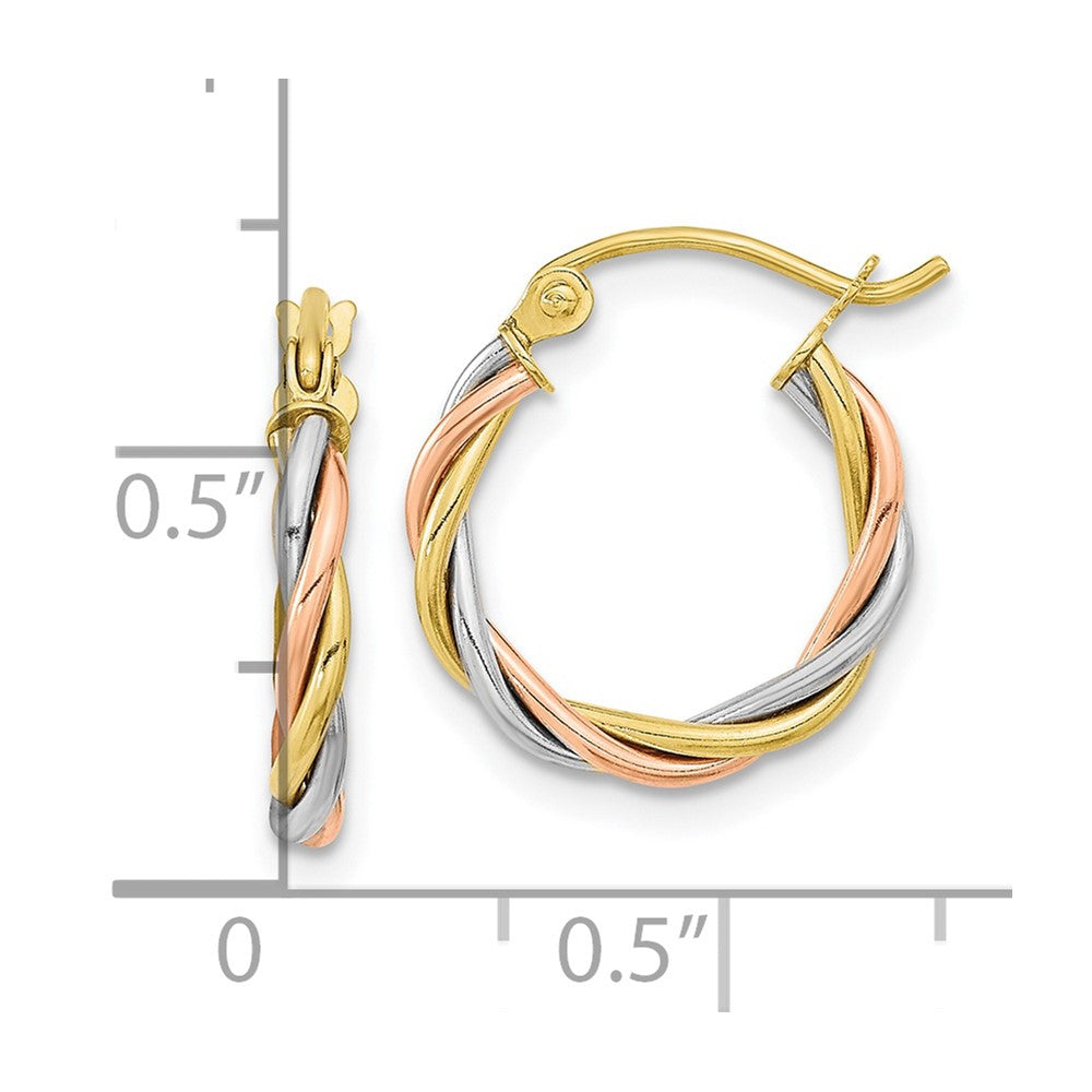 10k Tri Color 14.7 mm Twisted Hoop Earrings (1.34 grams)