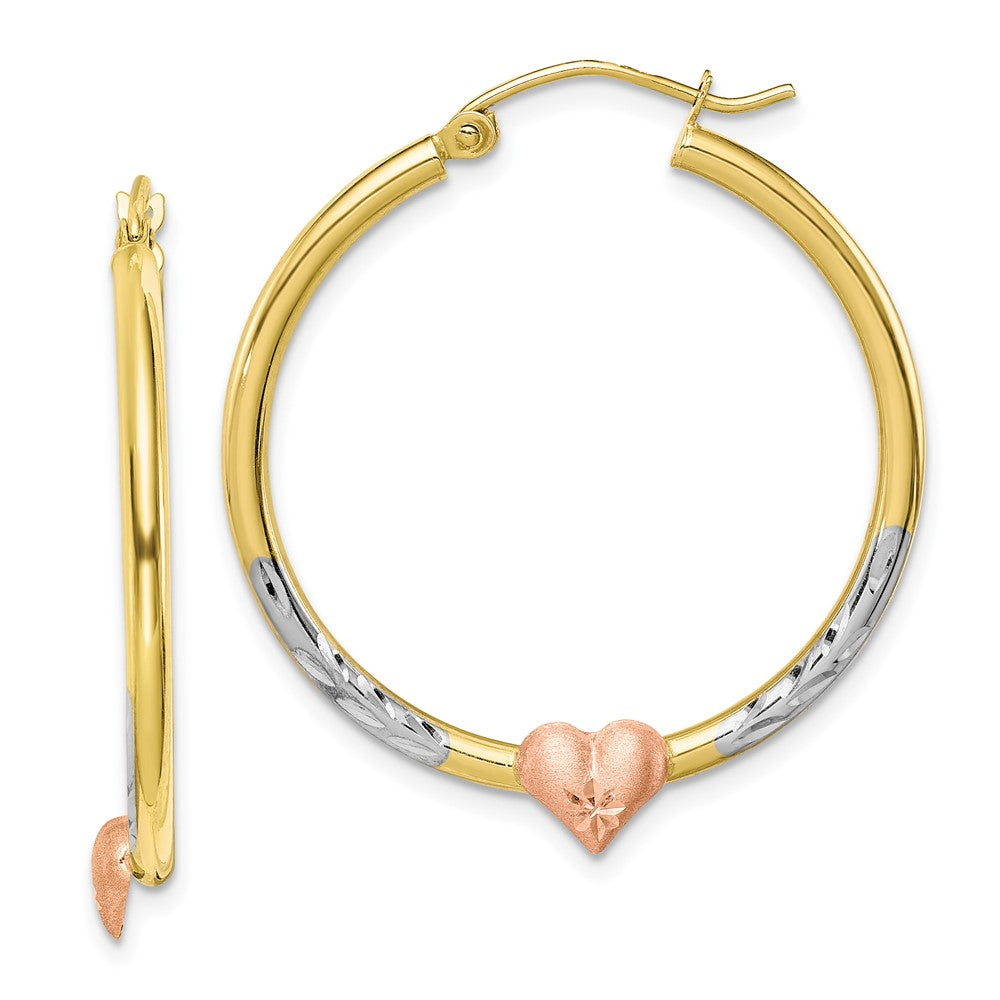 10k Two-tone 29.61 mm Diamond Cut Heart Hoop Earrings (1.7 grams)