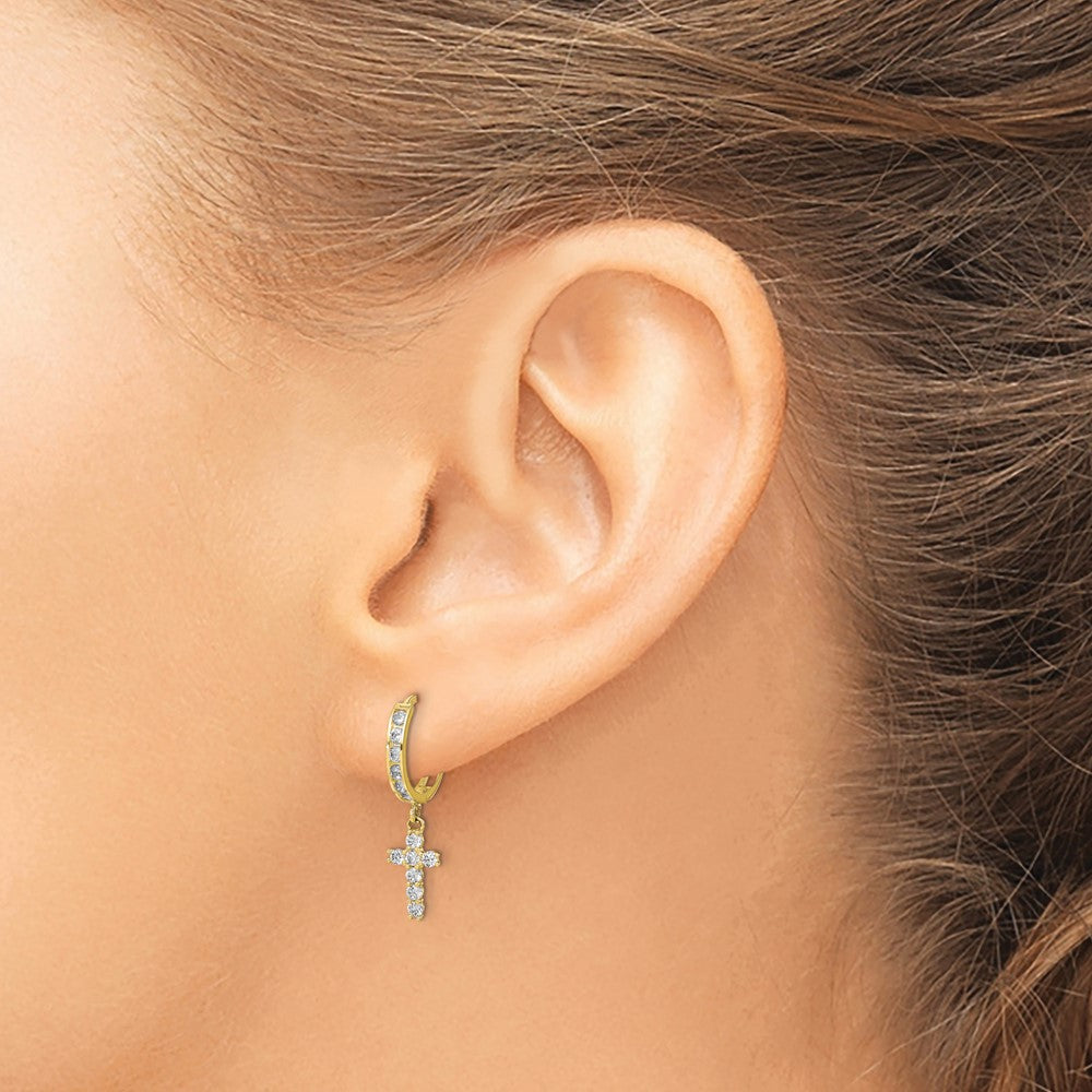 10k Yellow Gold 6.25 mm CZ Cubic Zirconia Cross Hinged Hoop Earrings (1.24 grams)