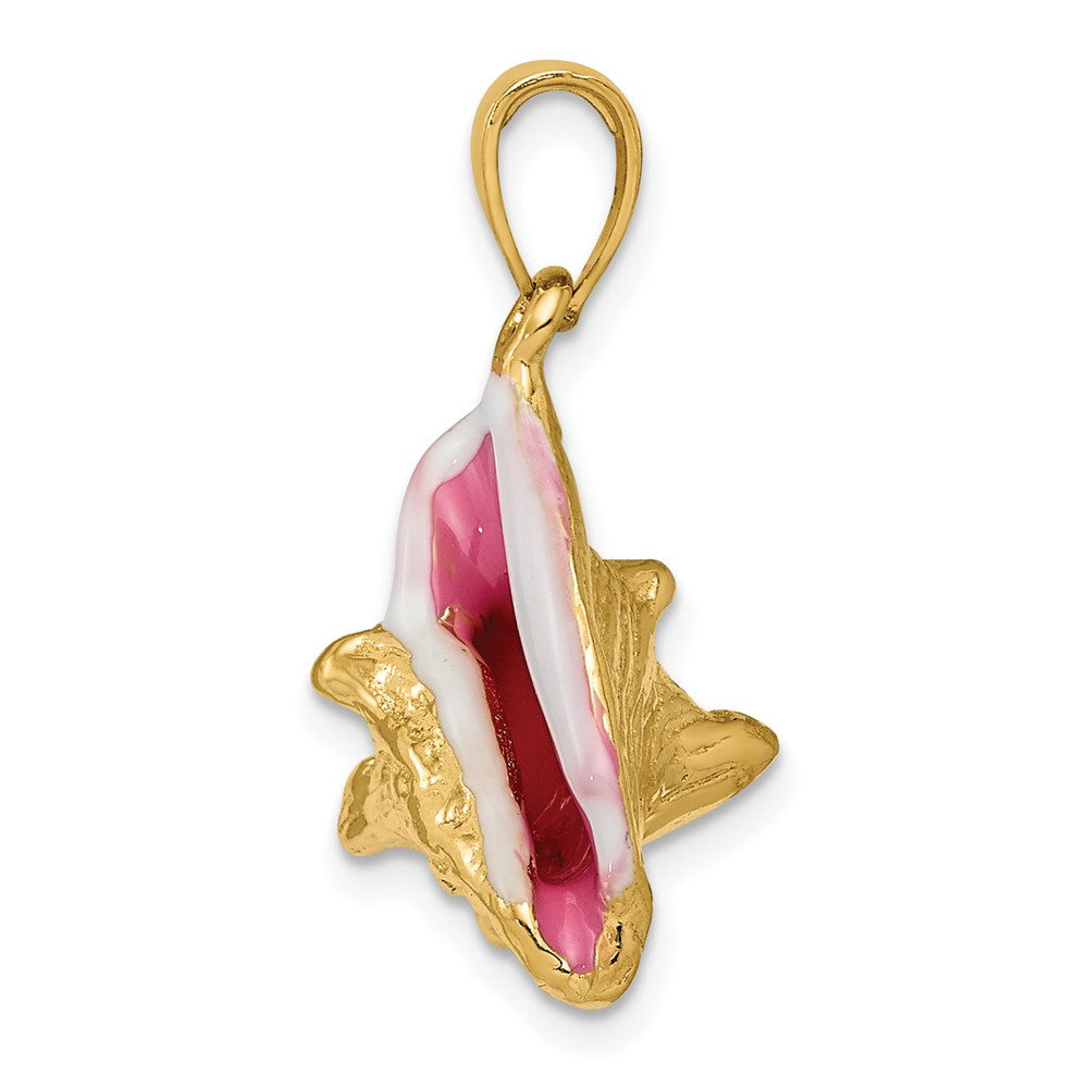 10k Yellow Gold 16 mm Polished 3-Dimensional Pink & White Enameled Conch Shell Pendant (4.79 grams)