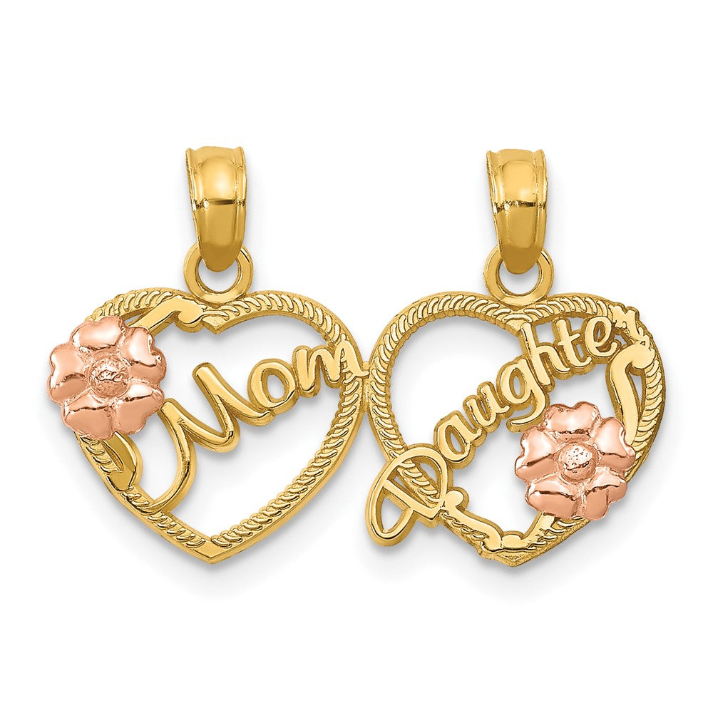 10k Two-tone 12 mm Two-Tone MOM - DAUGHTER Break-apart Hearts Pendant (1.13 grams)