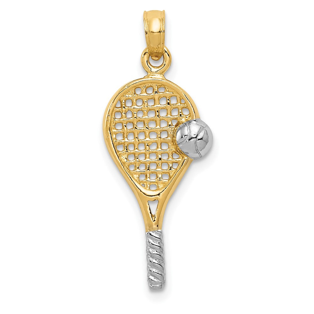 10k Yellow w/Rhodium 10 mm Polished Tennis Racquet Pendant (0.91 grams)