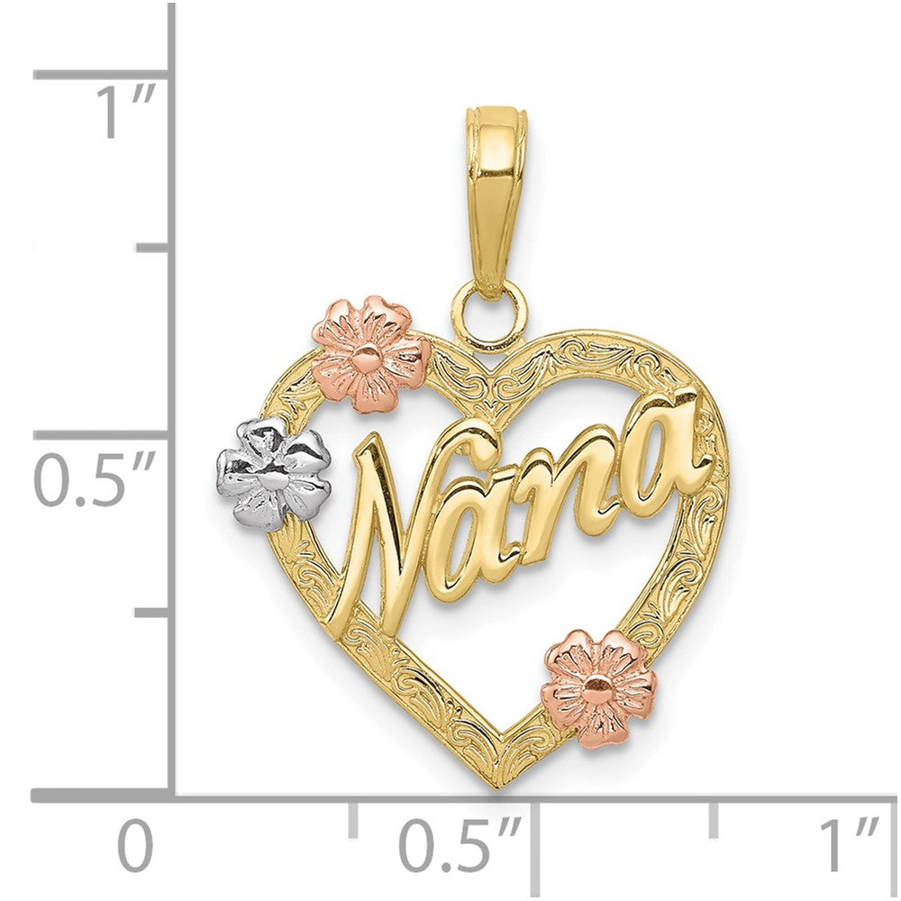 10k Tri Color 17 mm Tri-color Nana in Heart with Flowers Pendant