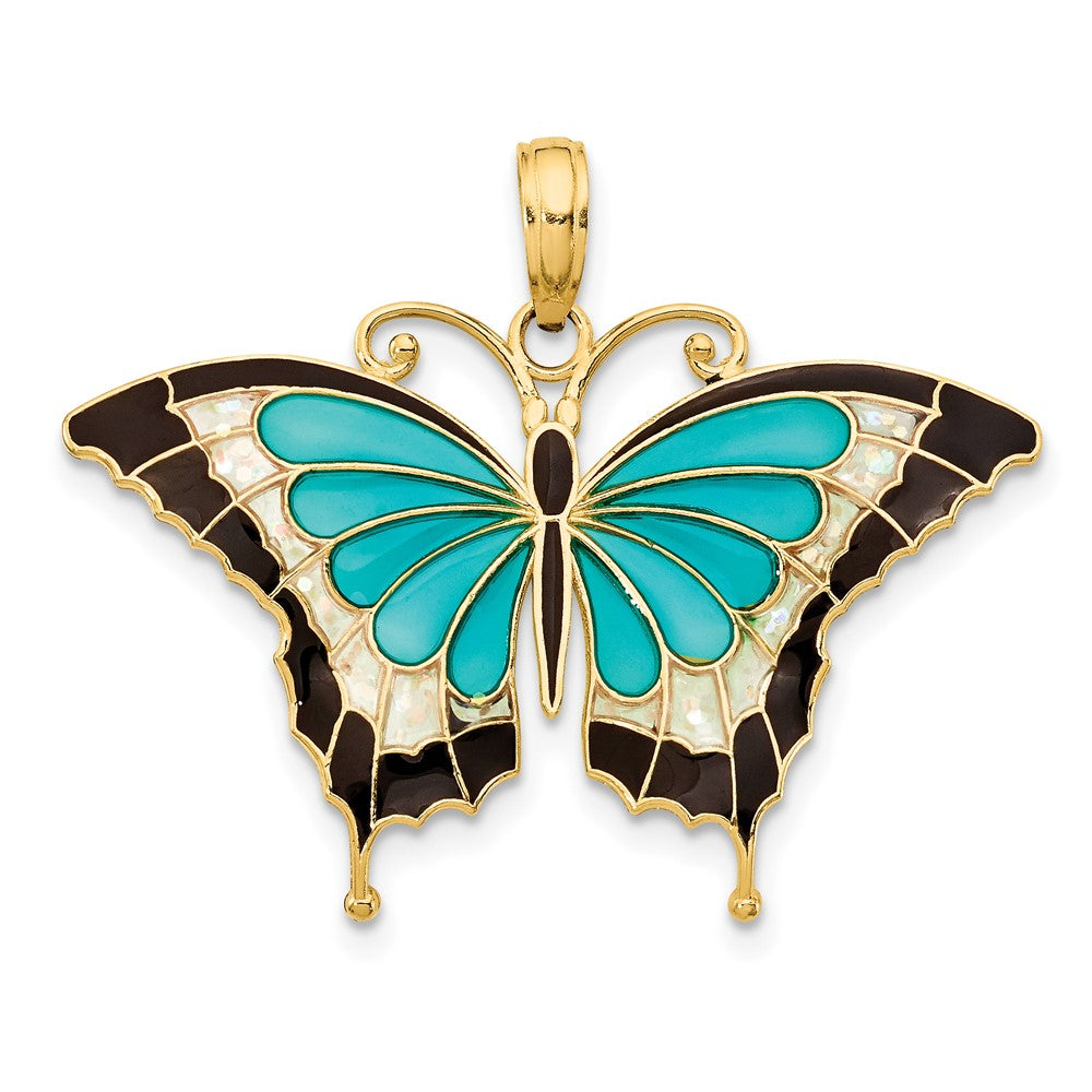 10k Yellow Gold 31 mm Aqua Enameled Butterfly Pendant (1.21 grams)