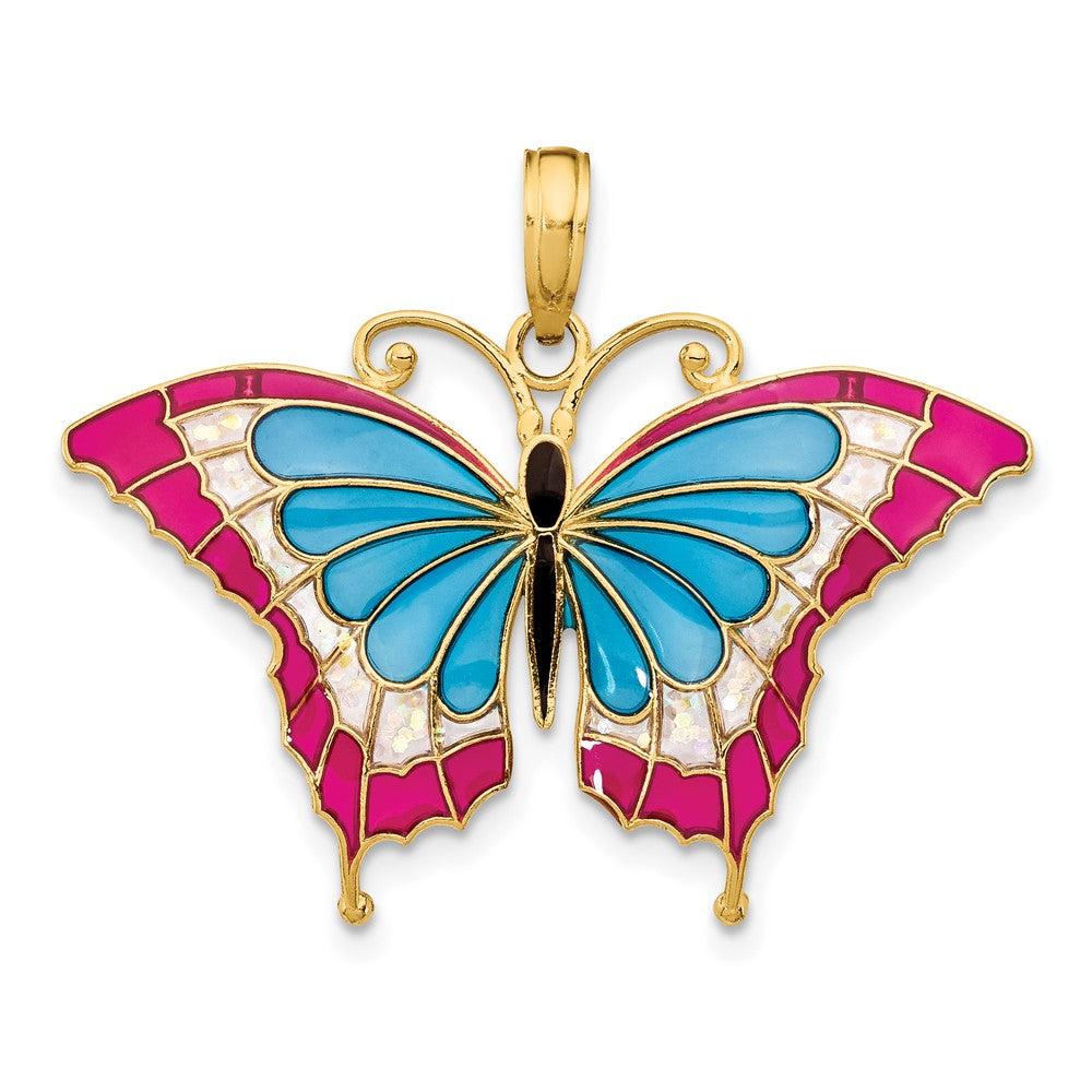 10k Yellow Gold 31 mm Blue & Red Enameled Butterfly Pendant (1.26 grams)