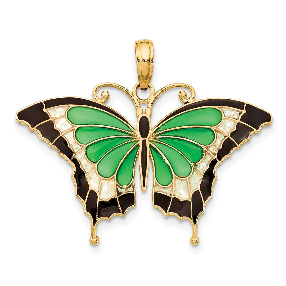 10k Yellow Gold 31 mm Green Enameled Butterly Pendant (1.25 grams)
