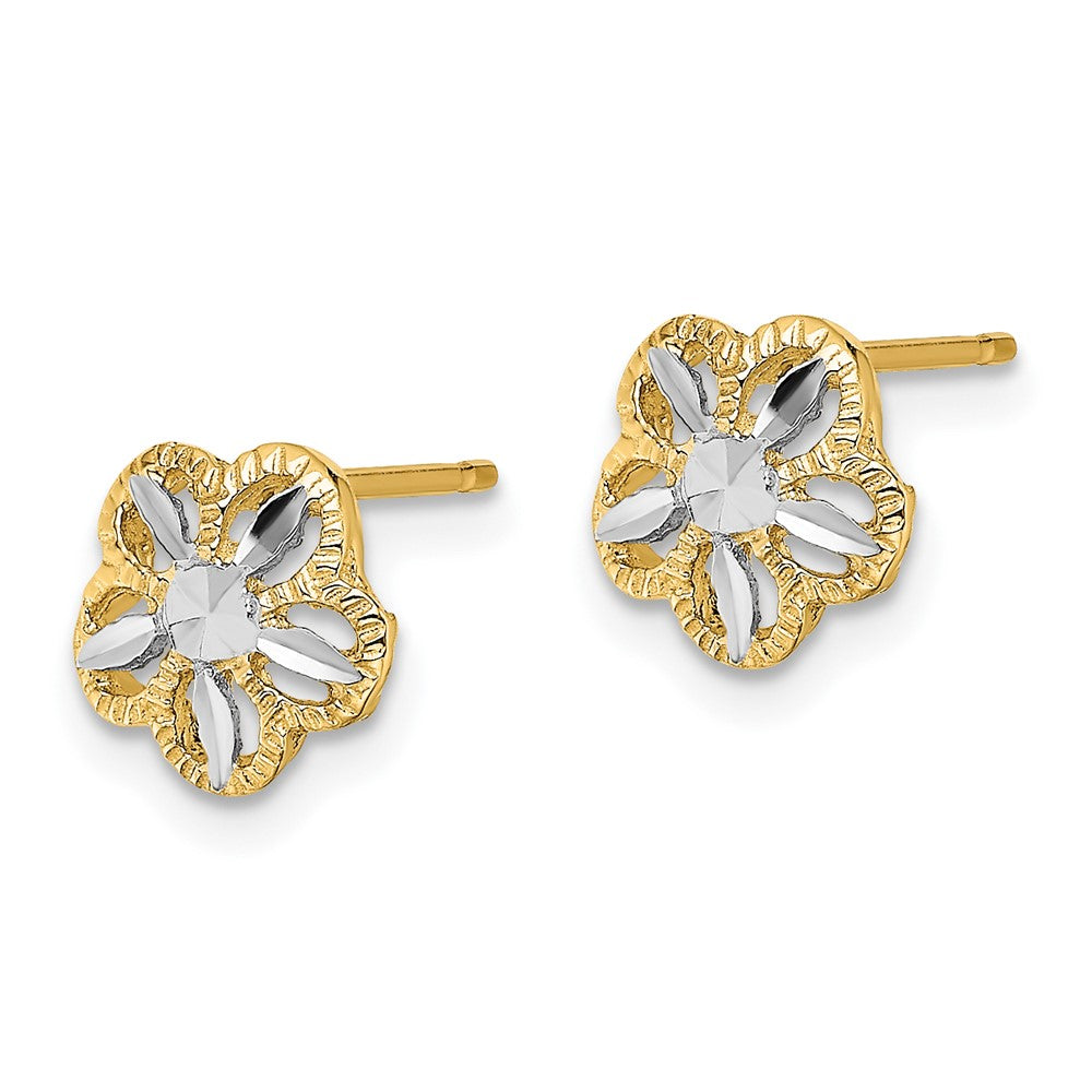 10k Yellow w/Rhodium 7.9 mm Diamond-cut Flower Post Earrings (0.86 grams)