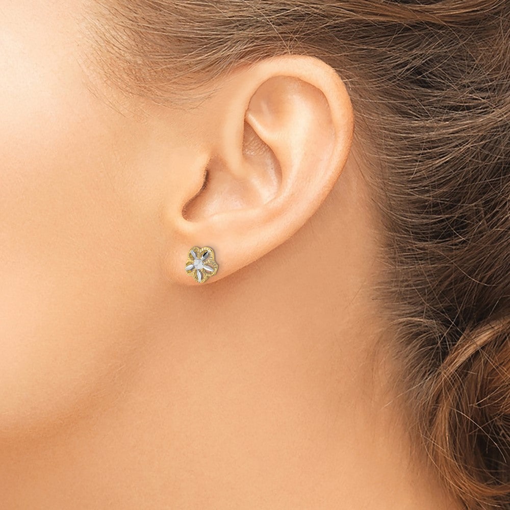 10k Yellow w/Rhodium 7.9 mm Diamond-cut Flower Post Earrings (0.86 grams)