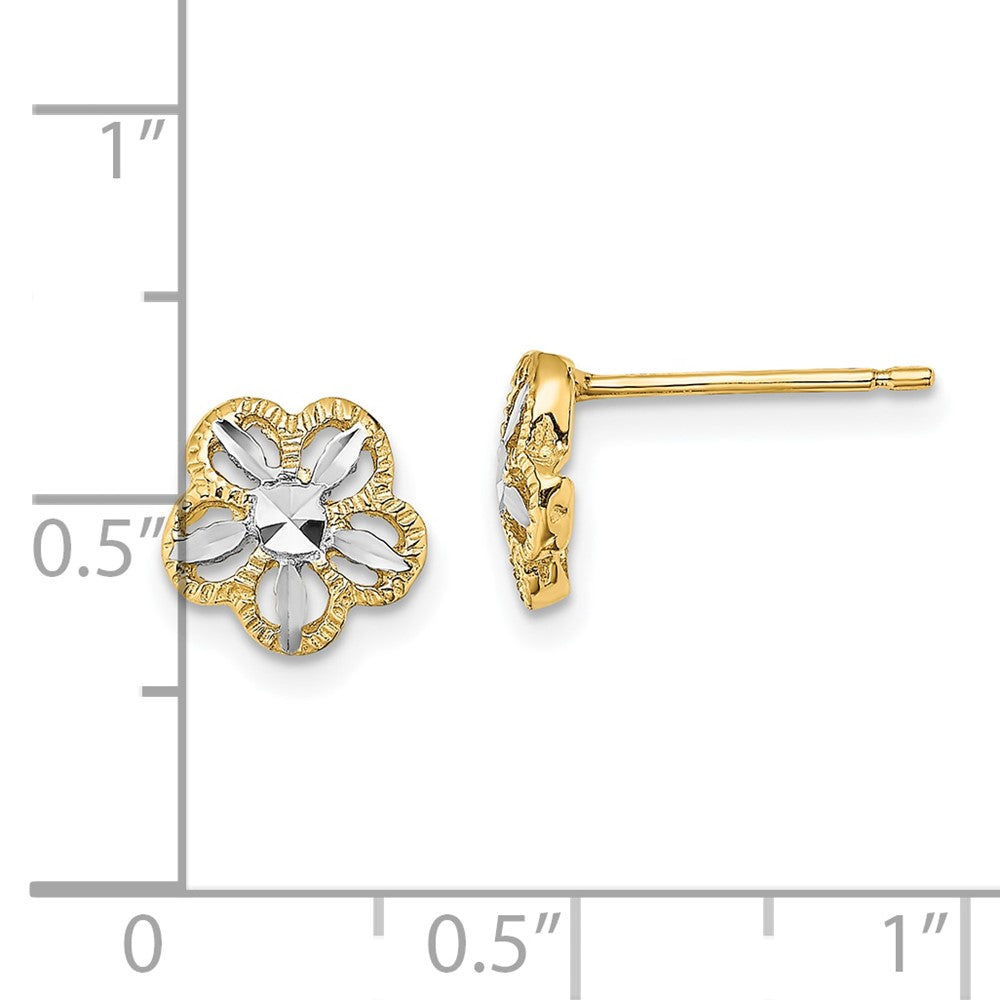 10k Yellow w/Rhodium 7.9 mm Diamond-cut Flower Post Earrings (0.86 grams)