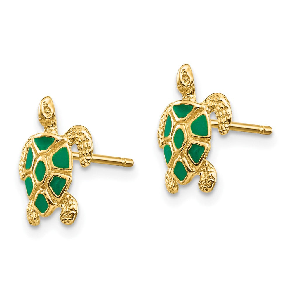 10k Yellow Gold 9 mm Green Enameled Sea Turtle Post Earrings (1.22 grams)