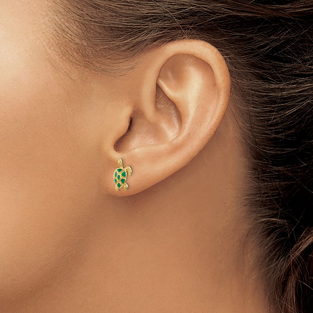 10k Yellow Gold 9 mm Green Enameled Sea Turtle Post Earrings (1.22 grams)