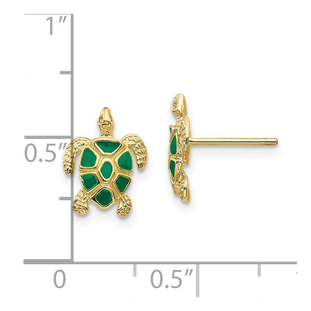 10k Yellow Gold 9 mm Green Enameled Sea Turtle Post Earrings (1.22 grams)