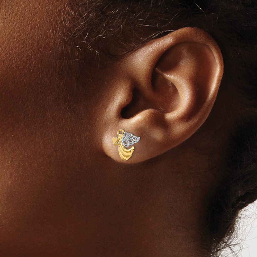 10k Yellow w/Rhodium 12 mm Angel with Heart Post Earrings (0.99 grams)