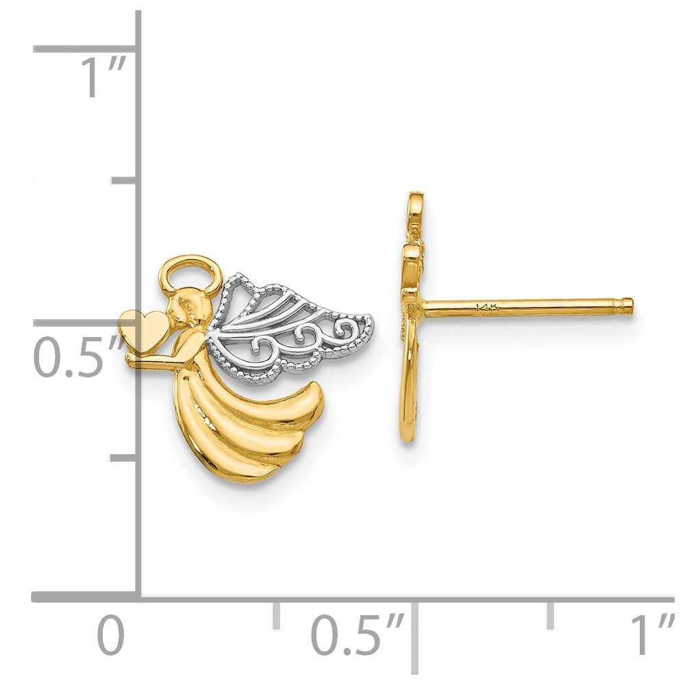 10k Yellow w/Rhodium 12 mm Angel with Heart Post Earrings (0.99 grams)