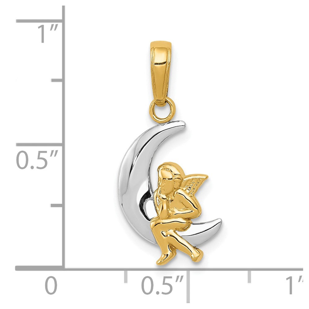 10k Yellow w/Rhodium 11 mm Polished Moon w/ Angel Pendant (0.79 grams)
