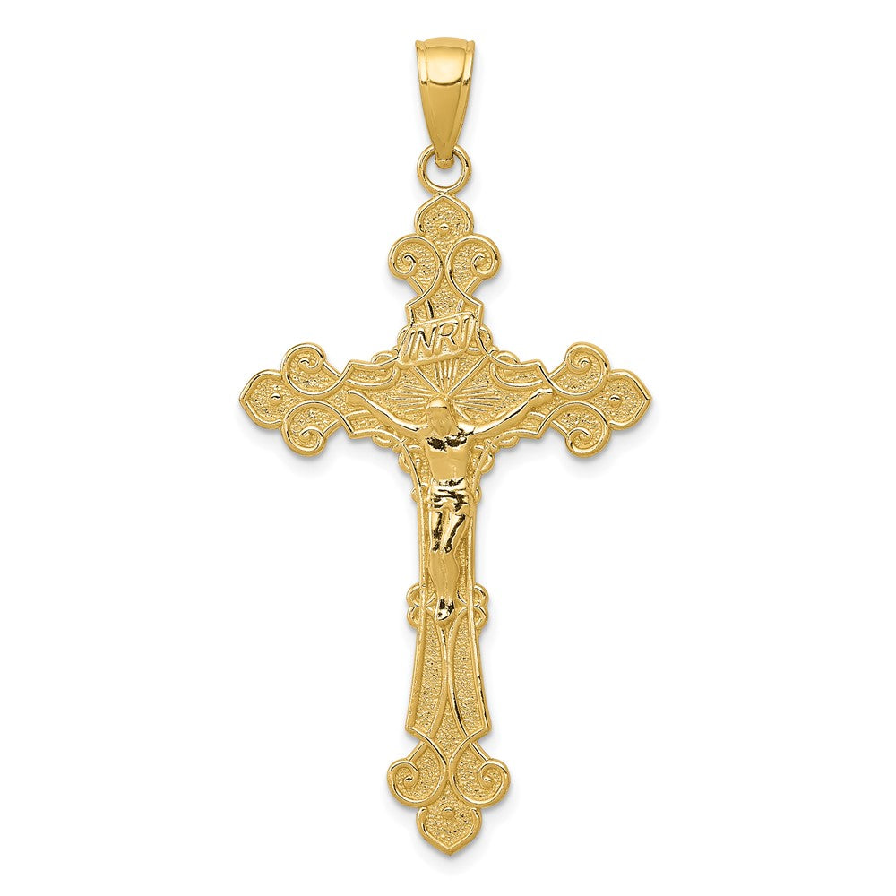 10k Yellow Gold 23 mm Polished Textured INRI Jesus Crucifix Fleur de Lis Pendant (1.99 grams)