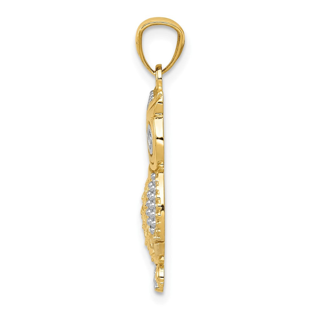 10k Yellow w/Rhodium 12 mm Polished & Textured Owl Pendant (1.12 grams)