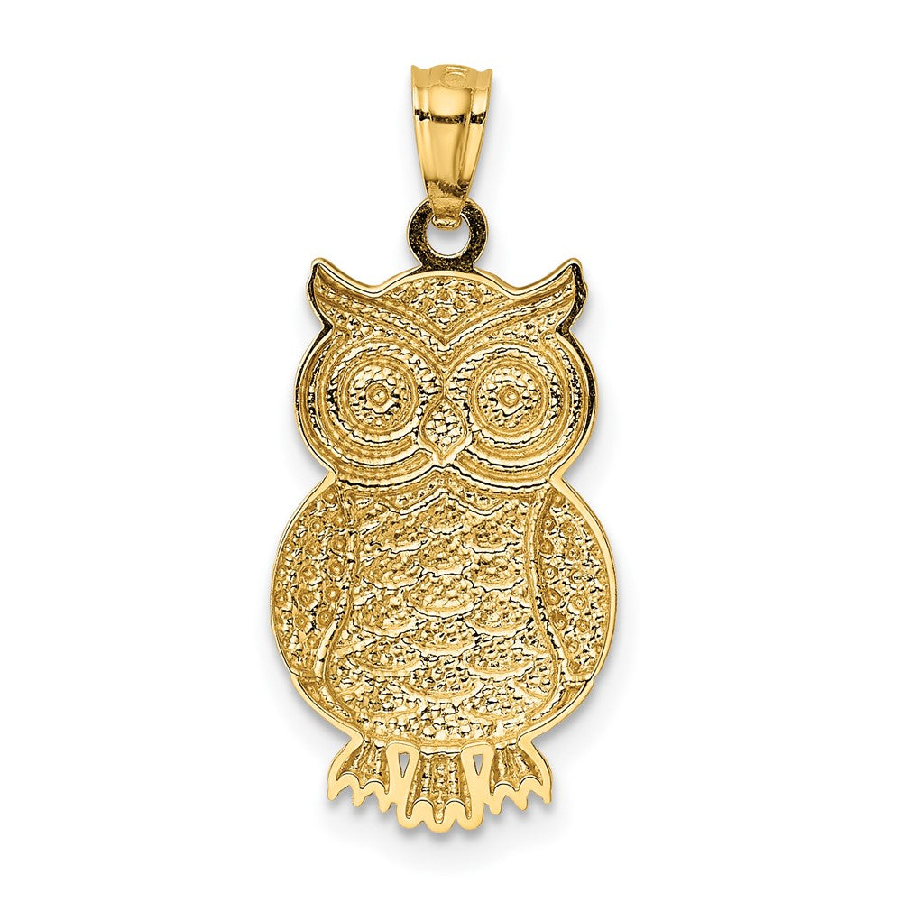10k Yellow w/Rhodium 12 mm Polished & Textured Owl Pendant (1.12 grams)