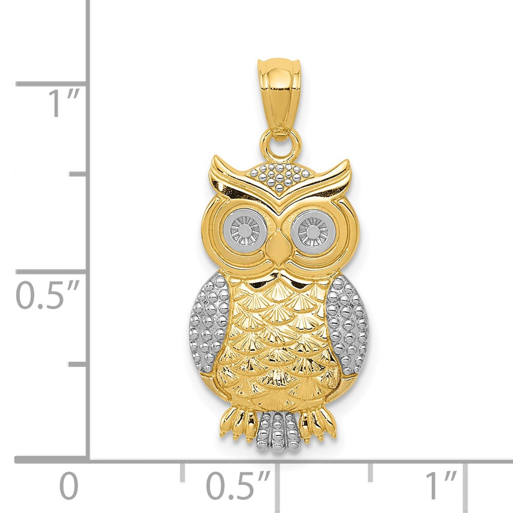 10k Yellow w/Rhodium 12 mm Polished & Textured Owl Pendant (1.12 grams)