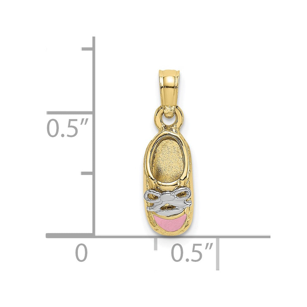 10k Yellow w/Rhodium 5.3 mm 3-D Pink Enamel Baby Shoe Charm (1.27 grams)