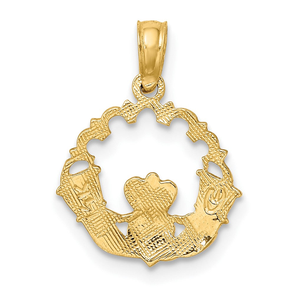 10k Yellow Gold 15 mm Engraved Claddagh In Scallop Circle Charm (0.6 grams)