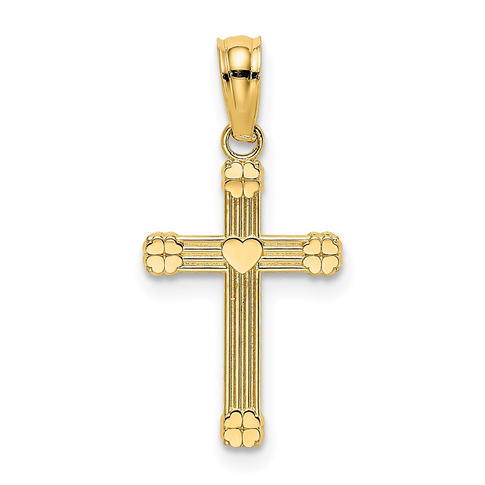 10k Yellow Gold 10 mm Textured w/ Center Heart Small Cross Charm (0.45 grams)