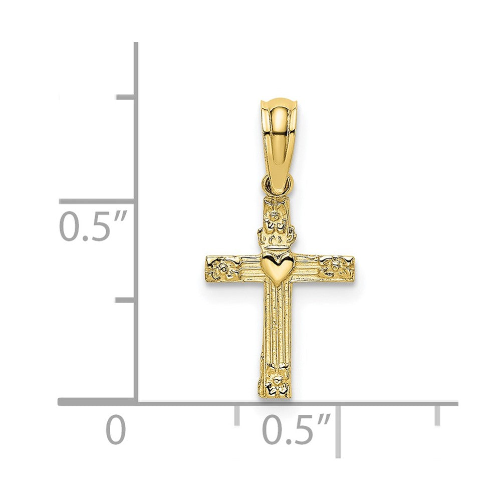 10k Yellow Gold 10 mm Textured Mini Cross w/ Heart Charm (0.26 grams)