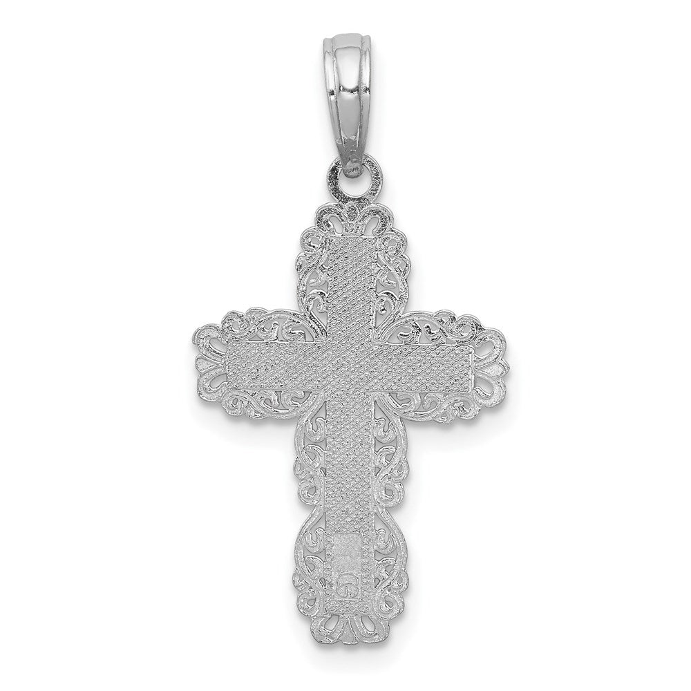 10k White Gold 15 mm Textured w/ Lace Trim Cross Charm (0.76 grams)