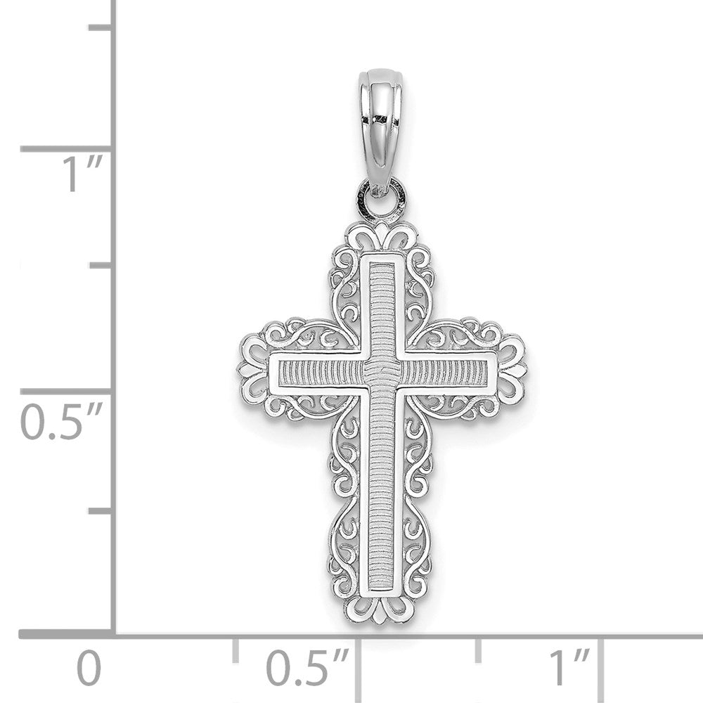 10k White Gold 15 mm Textured w/ Lace Trim Cross Charm (0.76 grams)