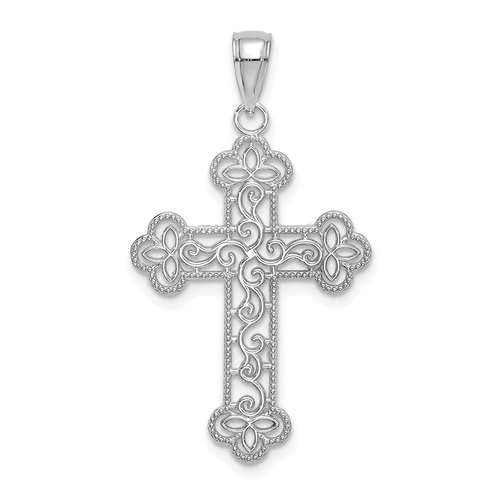 10k White Gold 21 mm Textured Beaded Edge Cross Charm (1 grams)