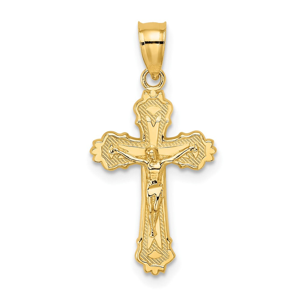 10k Yellow Gold 12 mm W/ Textured Scalloped Edge Jesus Crucifix Charm (0.7 grams)