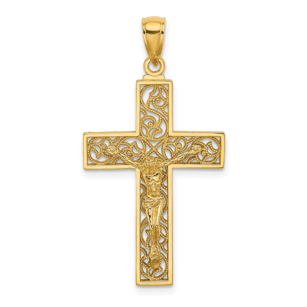 10k Yellow Gold 19 mm Textured Swirl Design Jesus Crucifix Charm (1.71 grams)