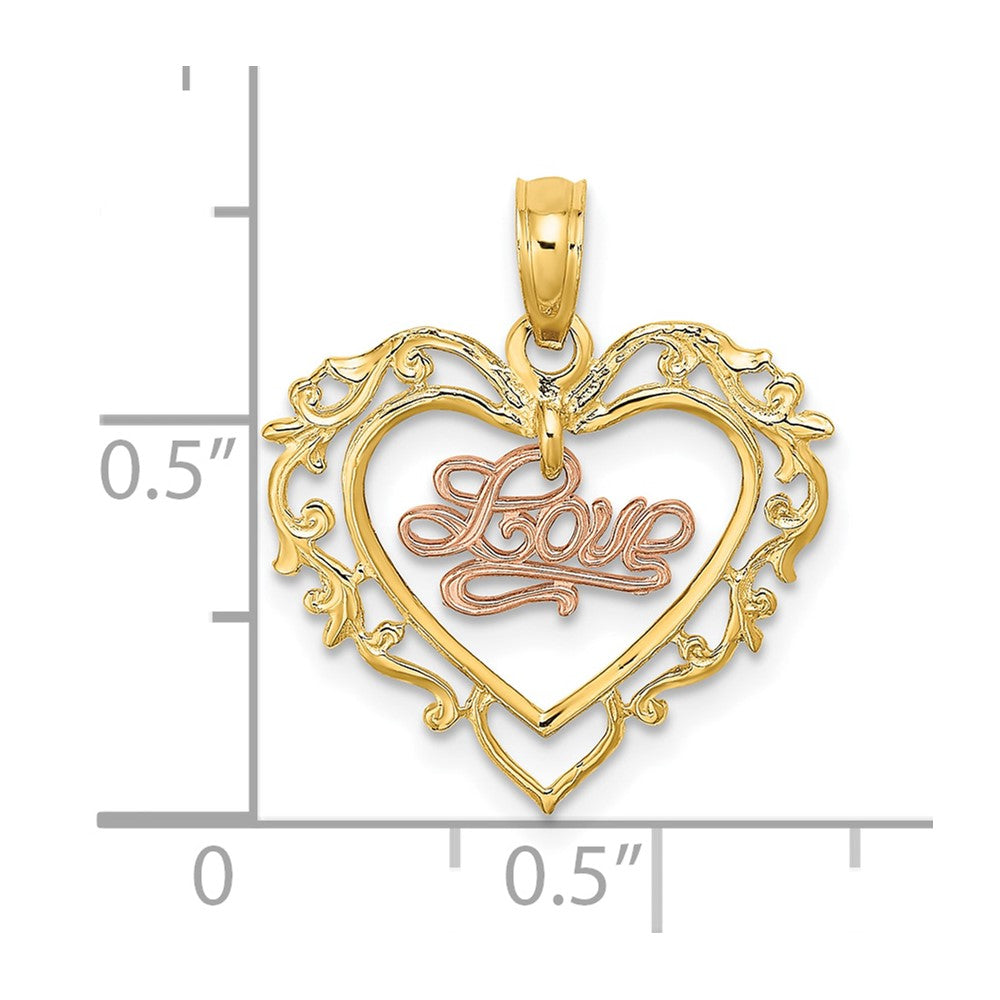 10k Two-tone 18.85 mm Two-Tone LOVE In Heart Charm (0.86 grams)