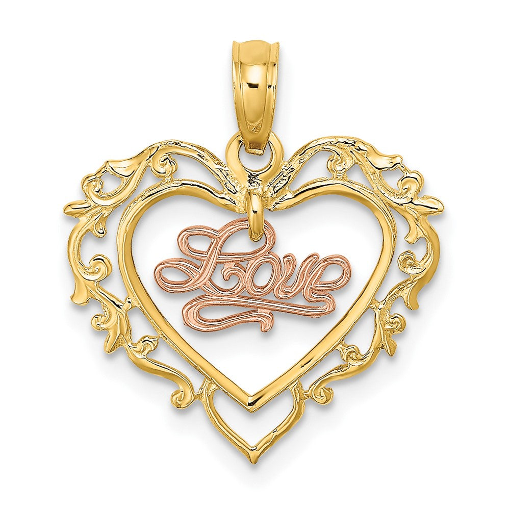 10k Two-tone 18.85 mm Two-Tone LOVE In Heart Charm (0.86 grams)