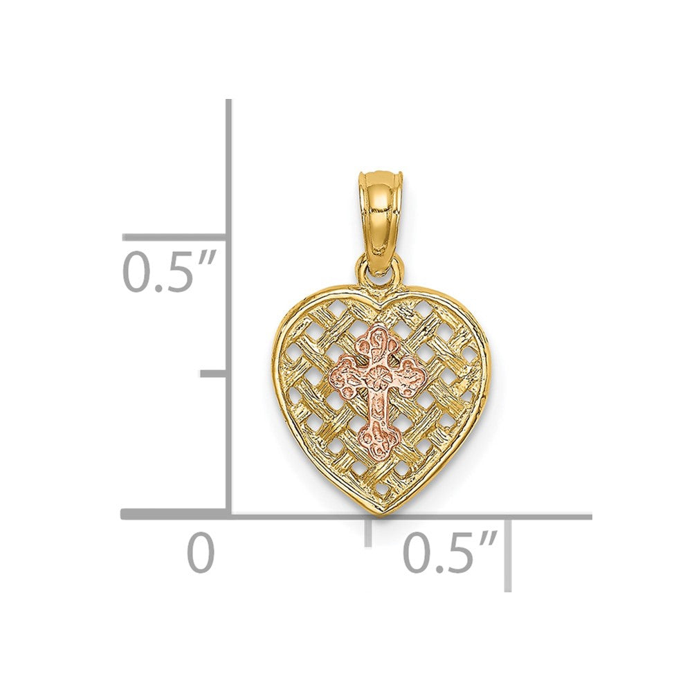 10k Two-tone 10 mm Two-Tone Cross on Woven Heart Charm (0.62 grams)