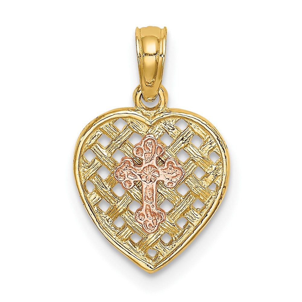 10k Two-tone 10 mm Two-Tone Cross on Woven Heart Charm (0.62 grams)
