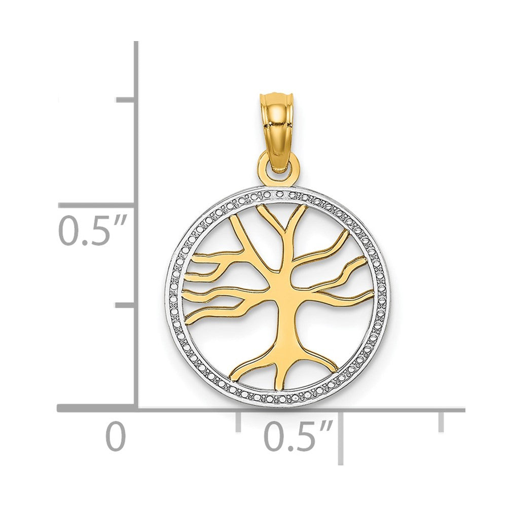 10k Yellow w/Rhodium 14.9 mm 3-D Tree Of Life In Round Frame Charm (0.83 grams)