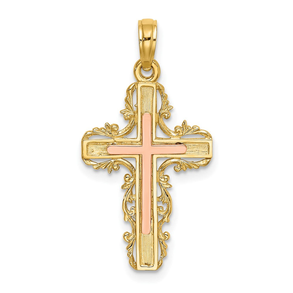 10k Two-tone 14 mm Two-Tone w/ Lace Trim Cross Charm (1.24 grams)