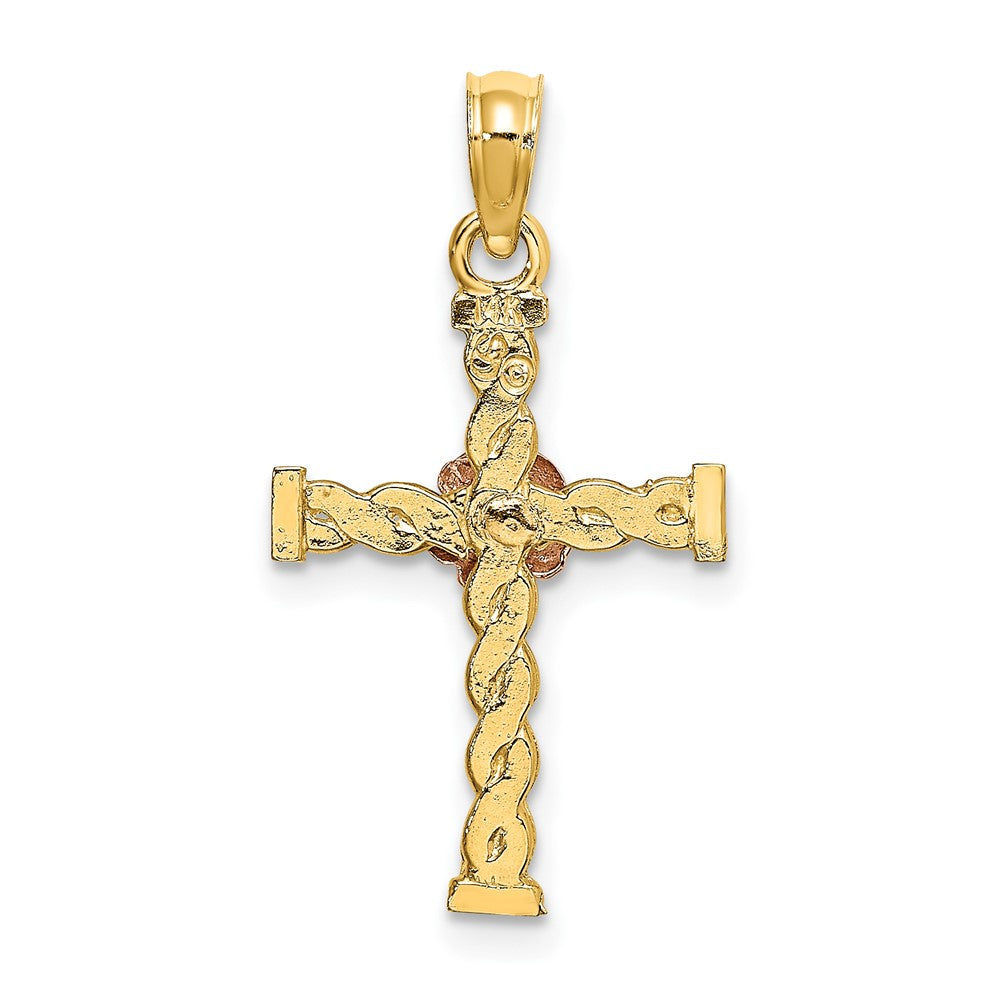 10k Two-tone 13 mm Two-Tone Twisted Cross w/ Flower Charm (0.83 grams)