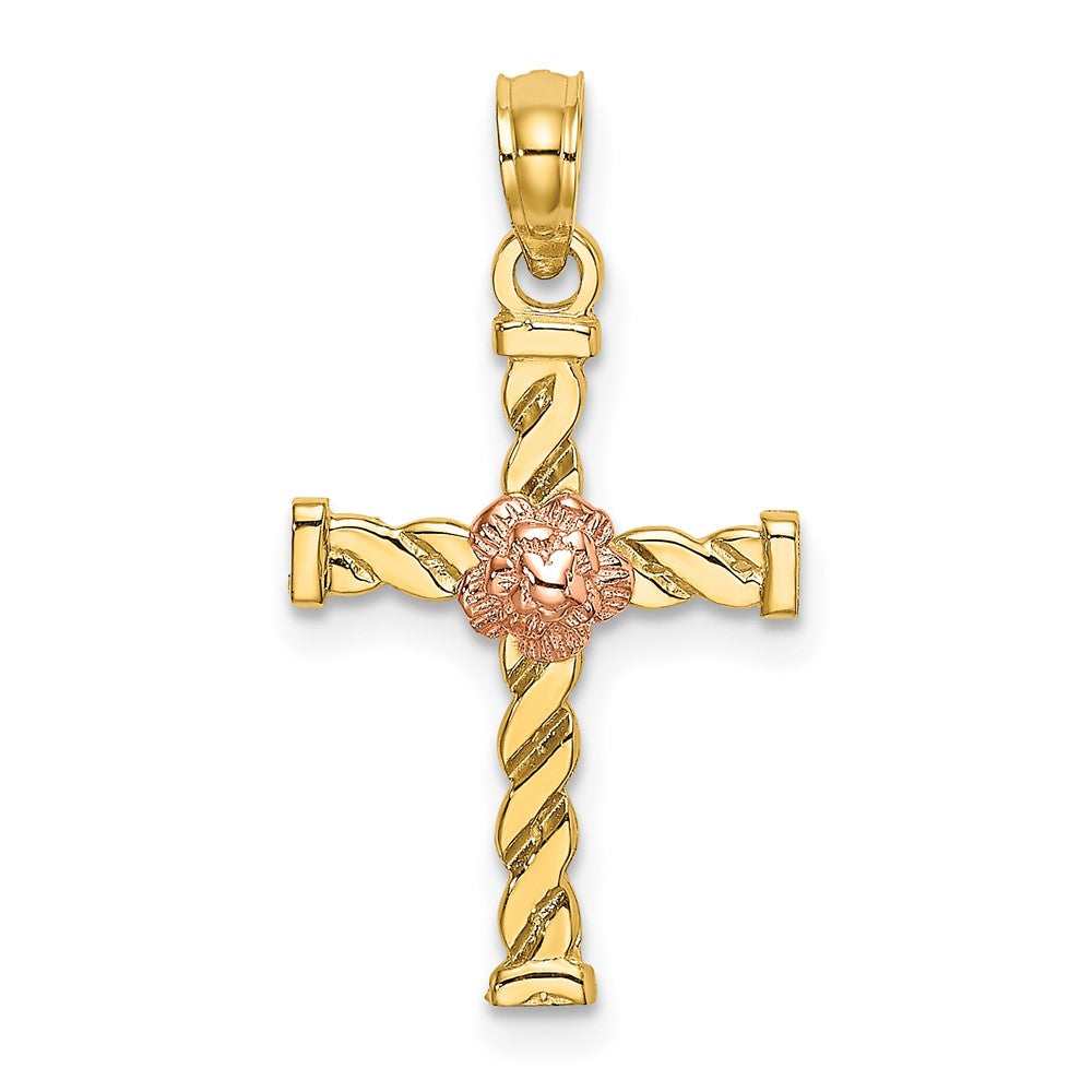 10k Two-tone 13 mm Two-Tone Twisted Cross w/ Flower Charm (0.83 grams)