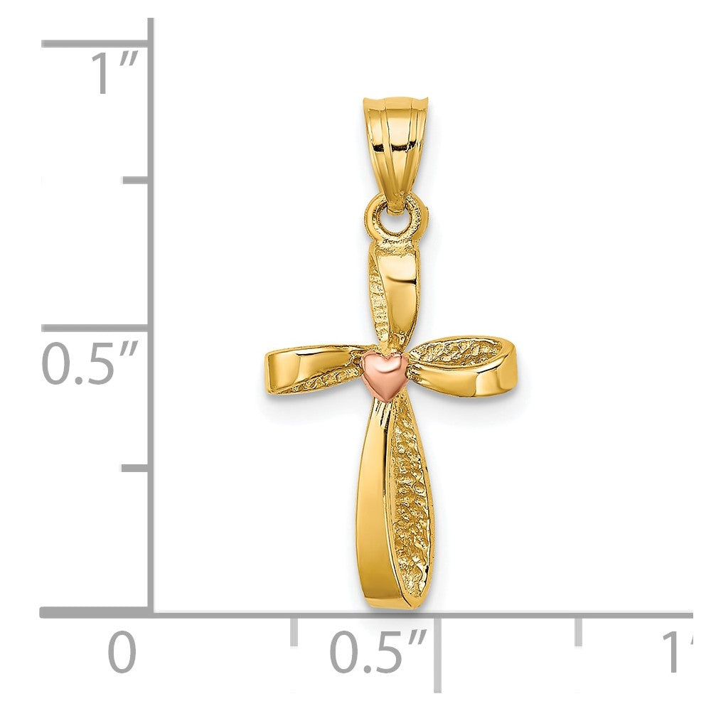 10k Two-tone 12 mm Two-Tone Twisted Cross w/ Heart Charm (0.87 grams)
