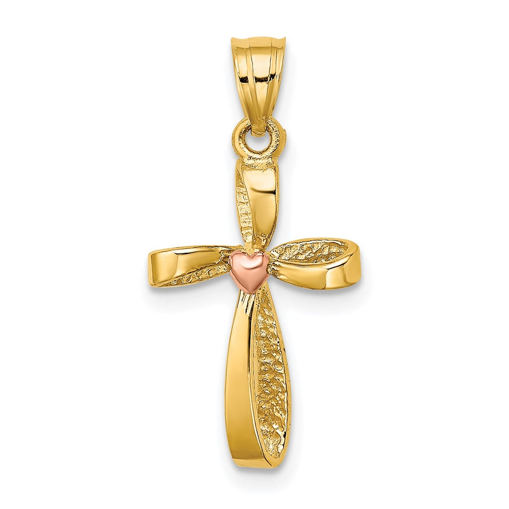 10k Two-tone 12 mm Two-Tone Twisted Cross w/ Heart Charm (0.87 grams)