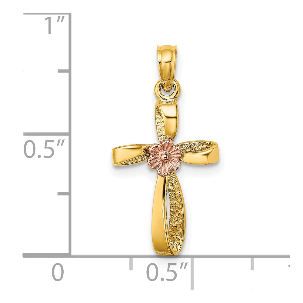 10k Two-tone 11 mm Two-Tone Twisted Cross w/ Heart Charm (0.89 grams)