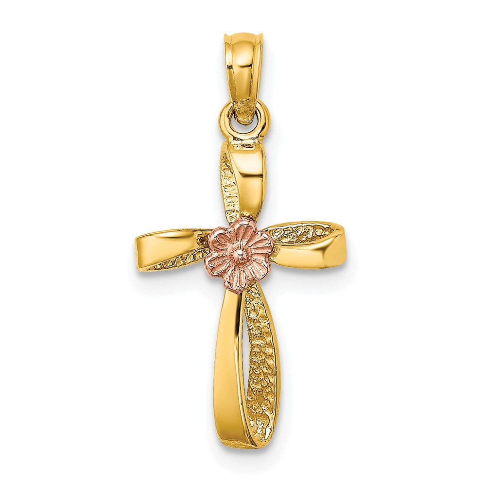 10k Two-tone 11 mm Two-Tone Twisted Cross w/ Heart Charm (0.89 grams)